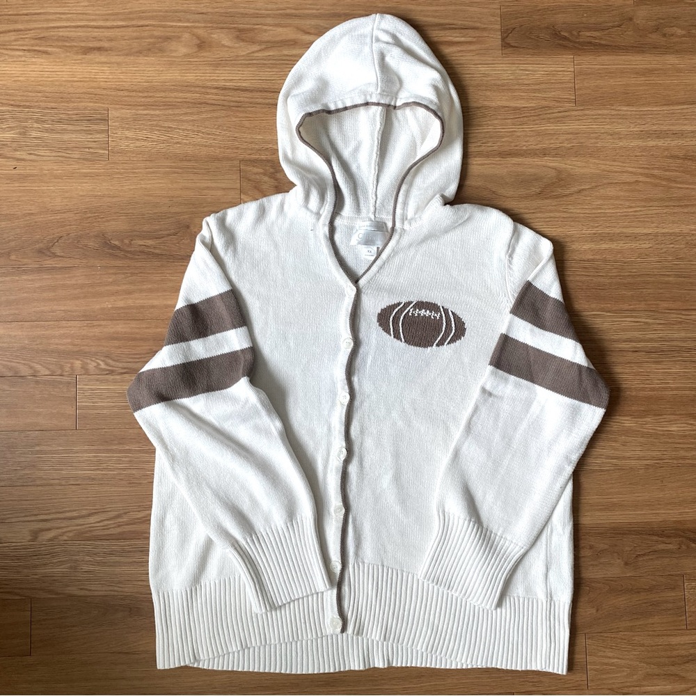 🏈 Vintage White Hooded Button-Up Sweater with Brown Football